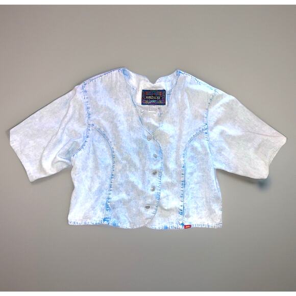 Vintage 80s Jordache Acid Wash Denim Button Up Shirt Boxy Crop L - Picture 1 of 4